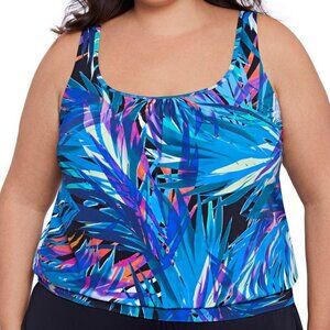 Swim Solutions Plus Size Printed Blouson Tank Flirty Tropical Leaves 20W